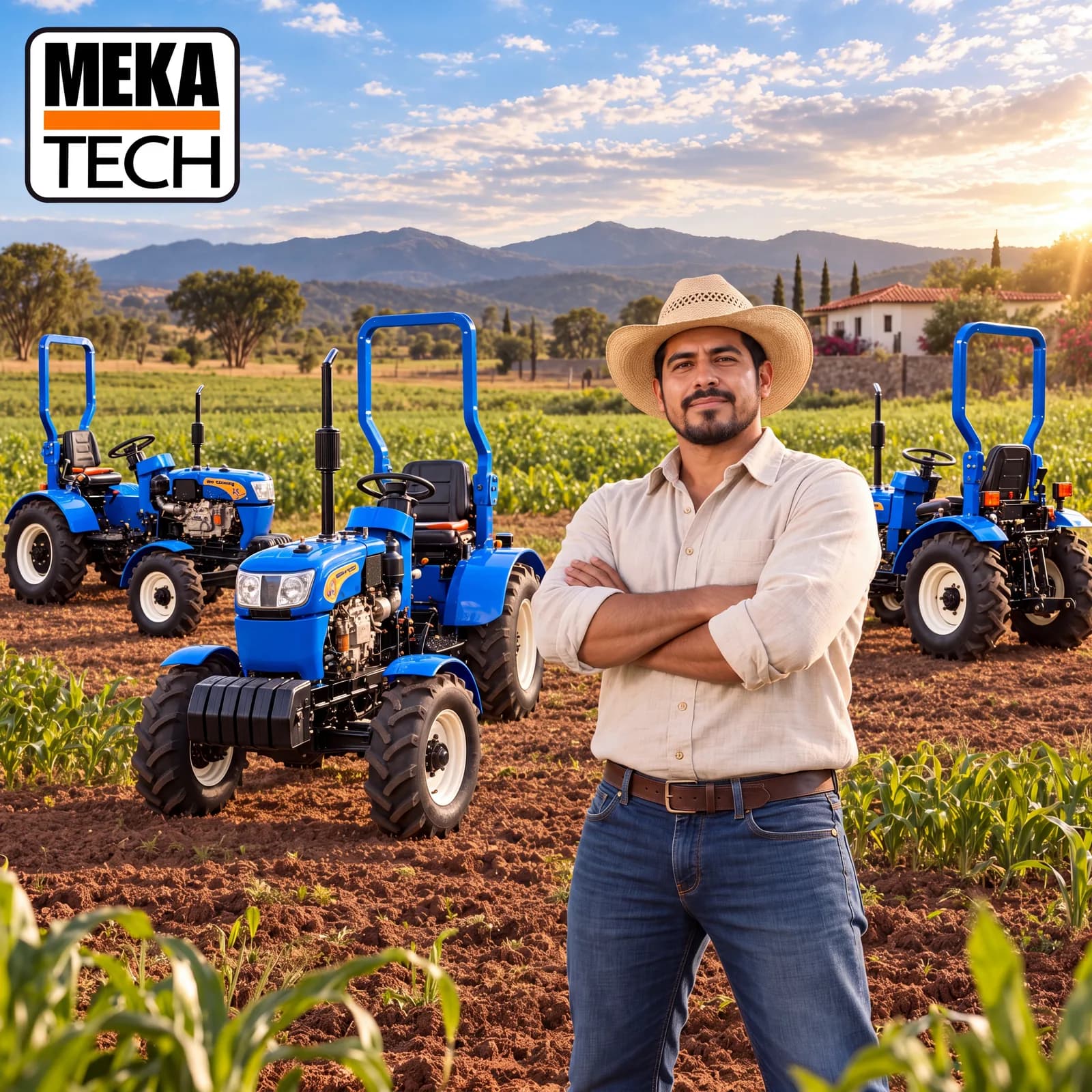 Un agricultor frente a tractores ligeros MekaTech en el campo