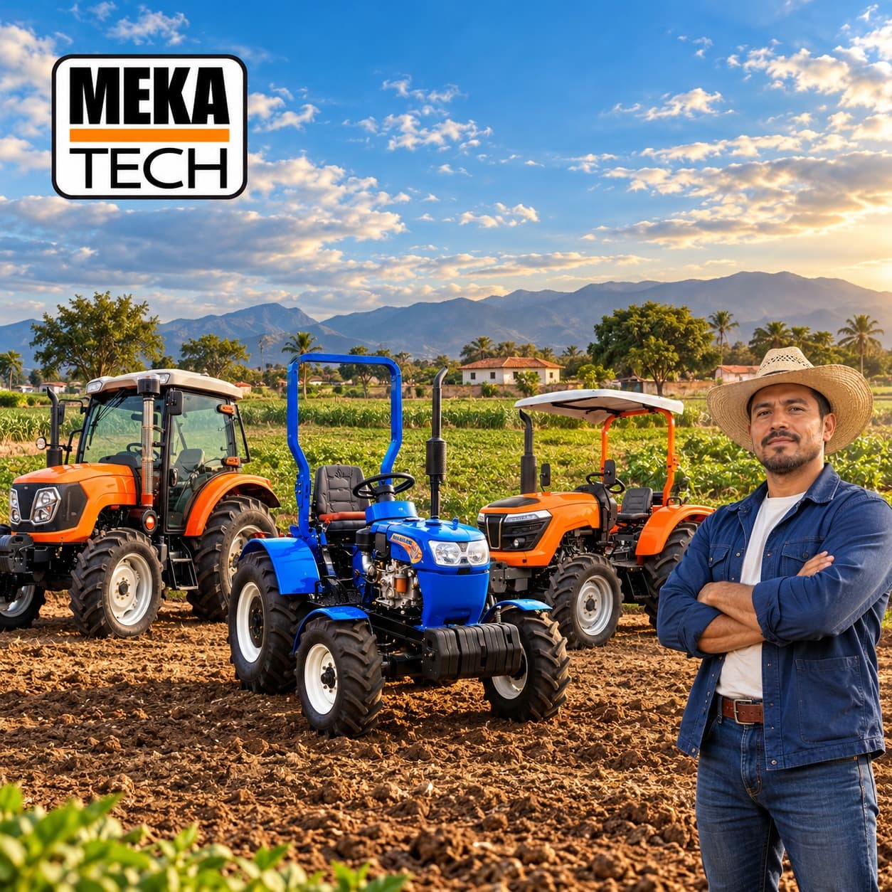 Un productor frente a tractores MekaTech en un campo recién labrado